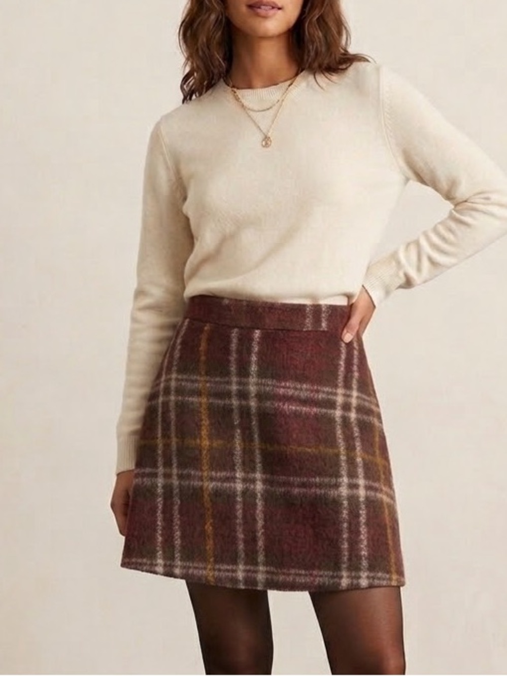 NWT Zara Plaid Knit Mini Skirt Burgundy Red Mustard Fuzzy Brushed Dark Academia